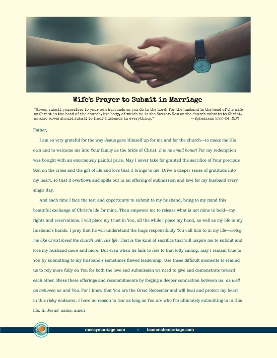 Wife's Prayer to Submit - This post contains a printable prayer for seeking God's strength to submit in marriage. #marriage #submissioninmarriage #headship #biblicalmarriage #prayer
